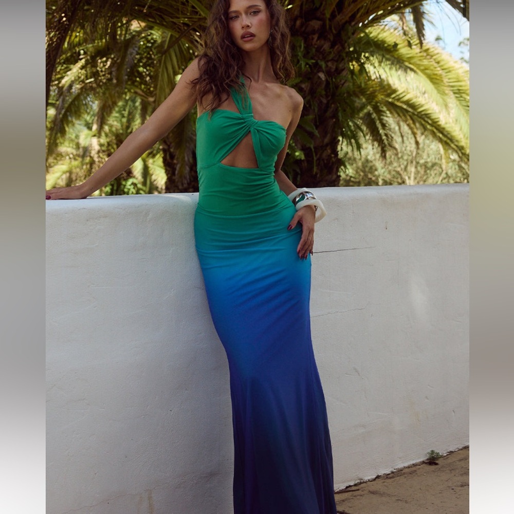 One-Shoulder Green to Blue Ombre Maxi Dress by Runaway The Label